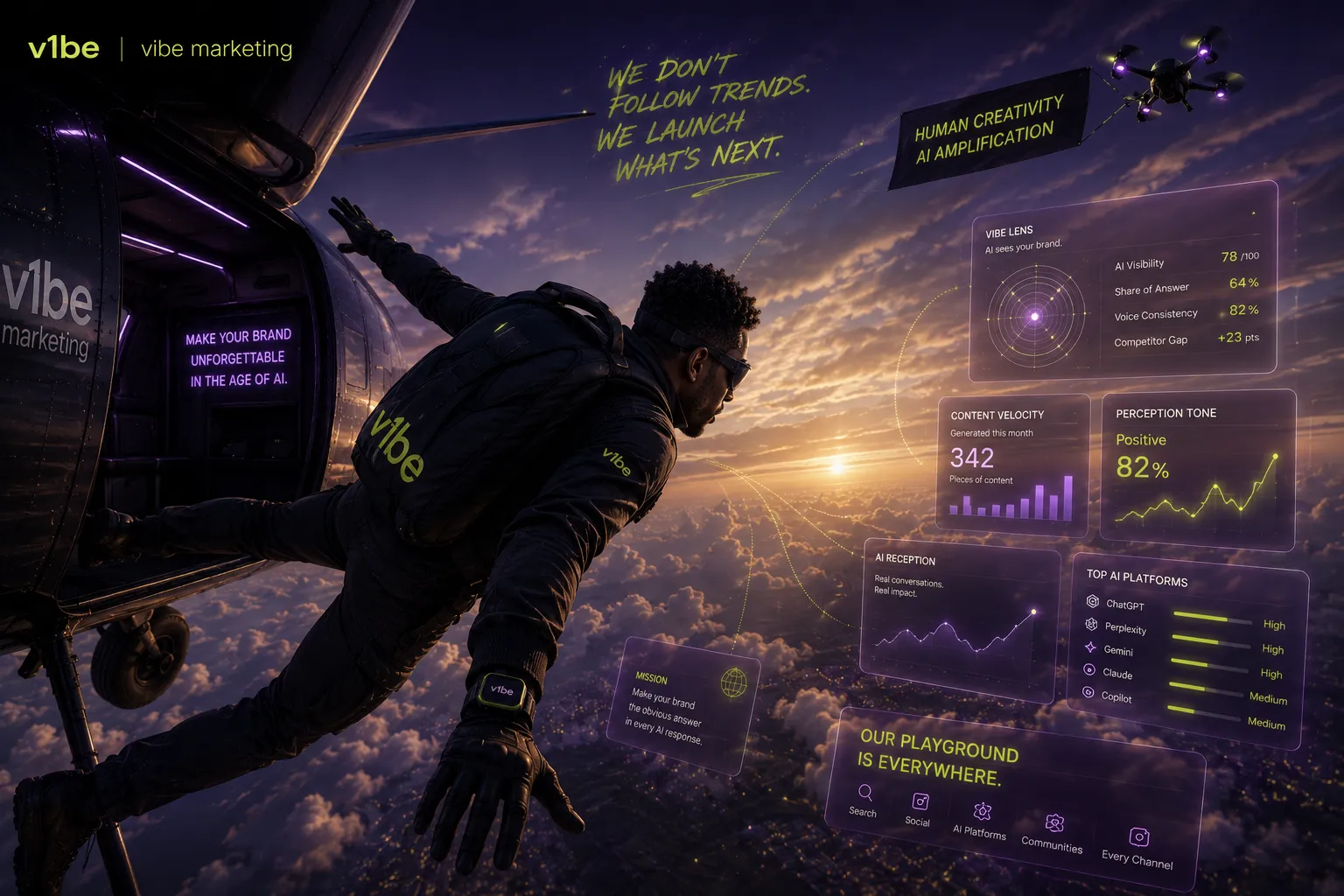 A v1be strategist moving through a connected AI marketing landscape above the city