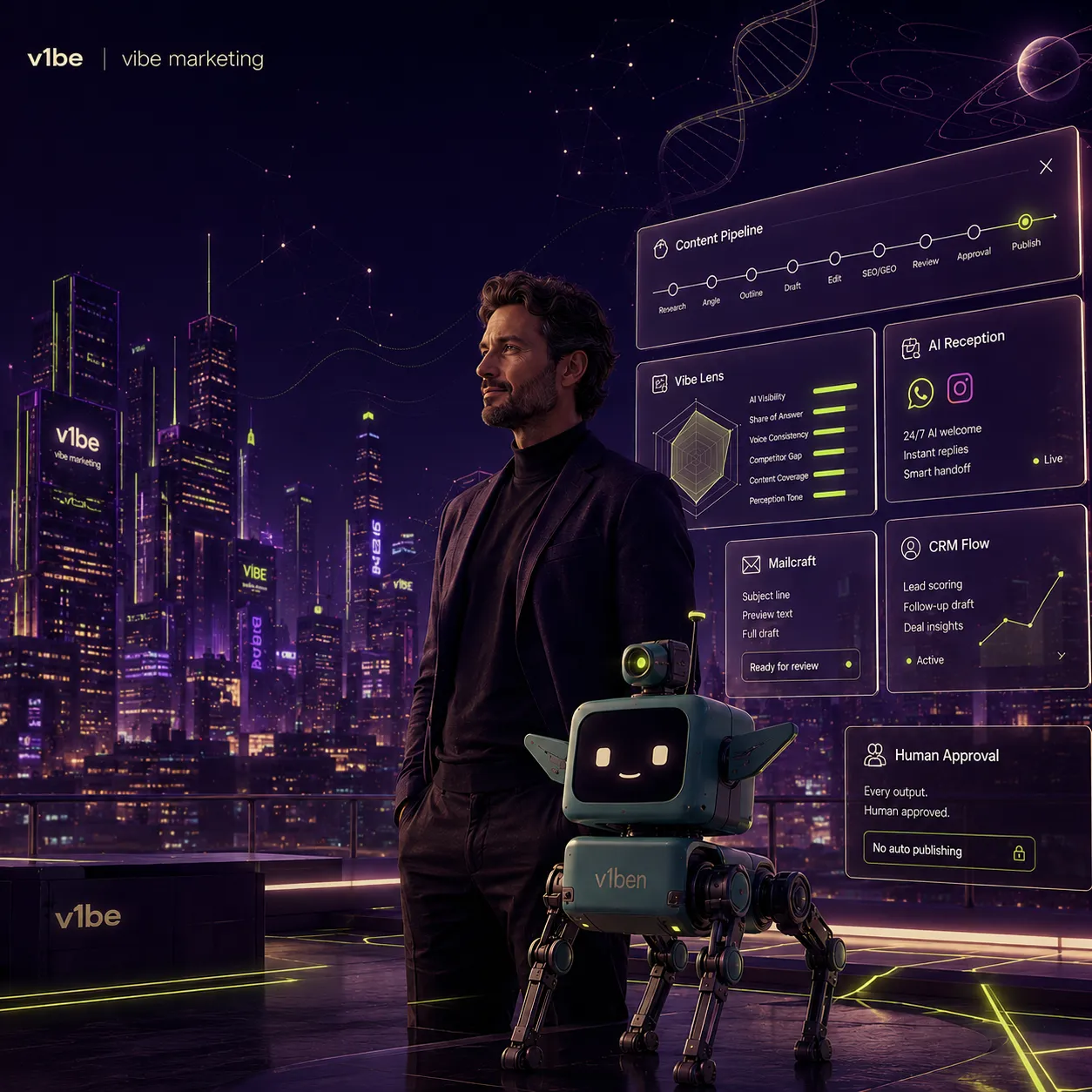 A strategist and the v1ben robot beside connected content, reception, CRM and brand analysis panels