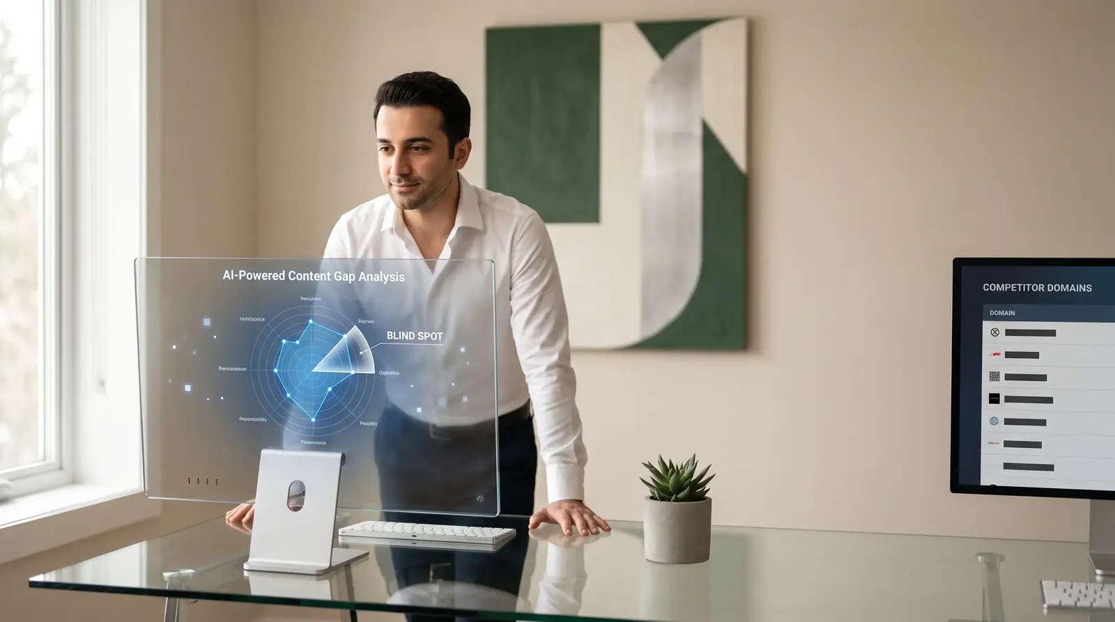 Digital marketer analyzing AI content gap analysis on a large monitor in a modern home office