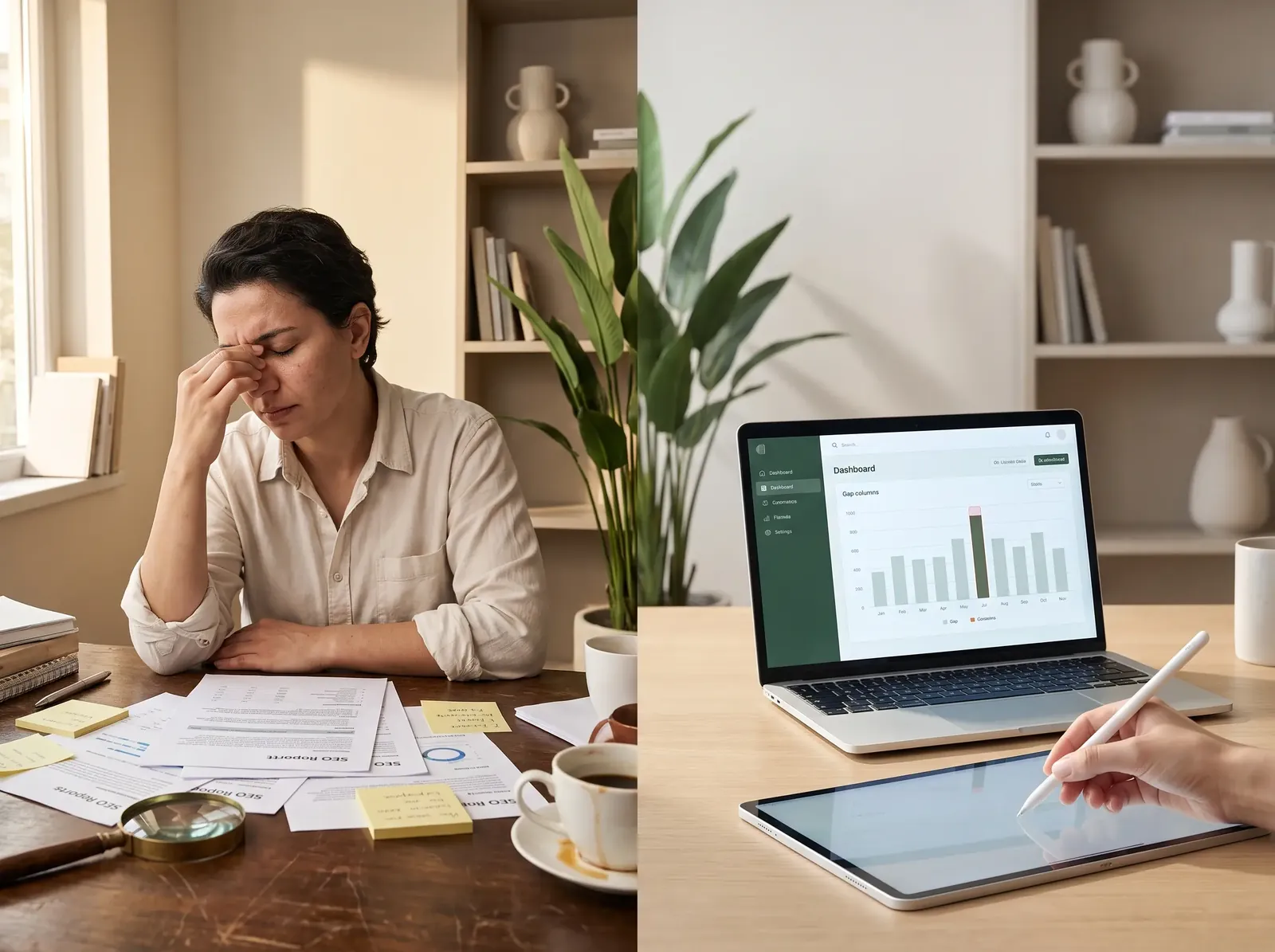 Split scene comparing manual content gap analysis with cluttered desk and AI-driven analysis on a laptop