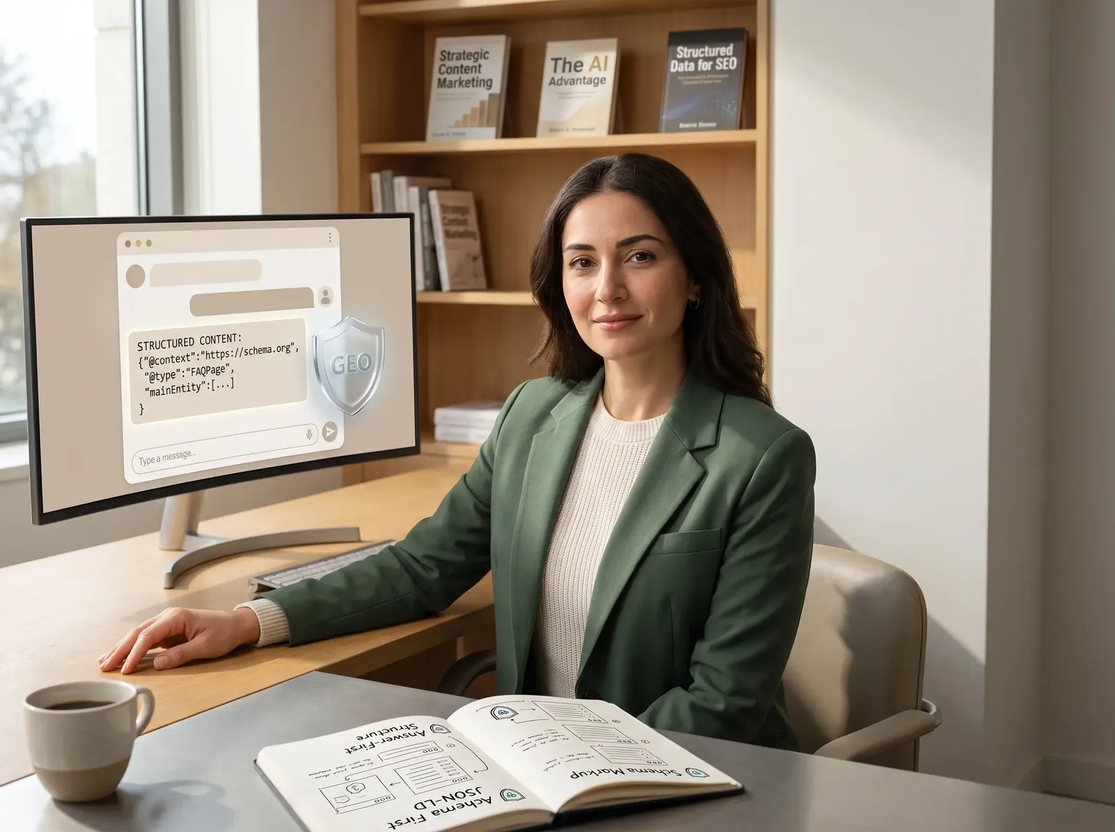 Content strategist reviewing GEO-optimized content for AI chat ranking on a monitor in a library office