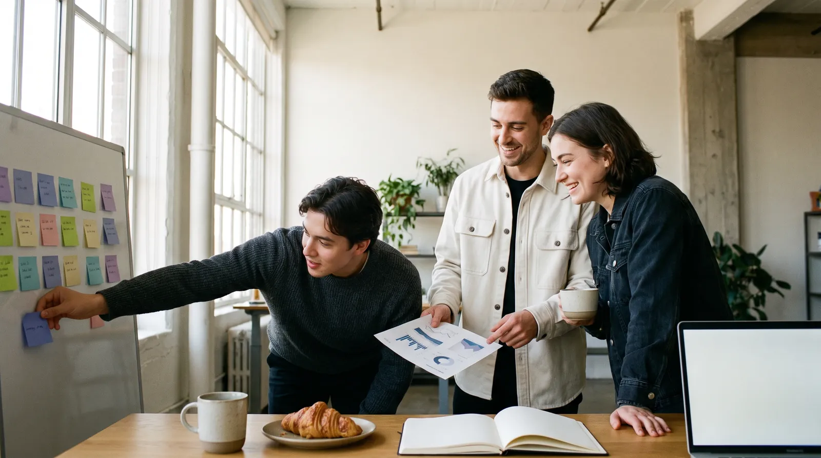 Team reviewing ad creative concepts on a studio wall