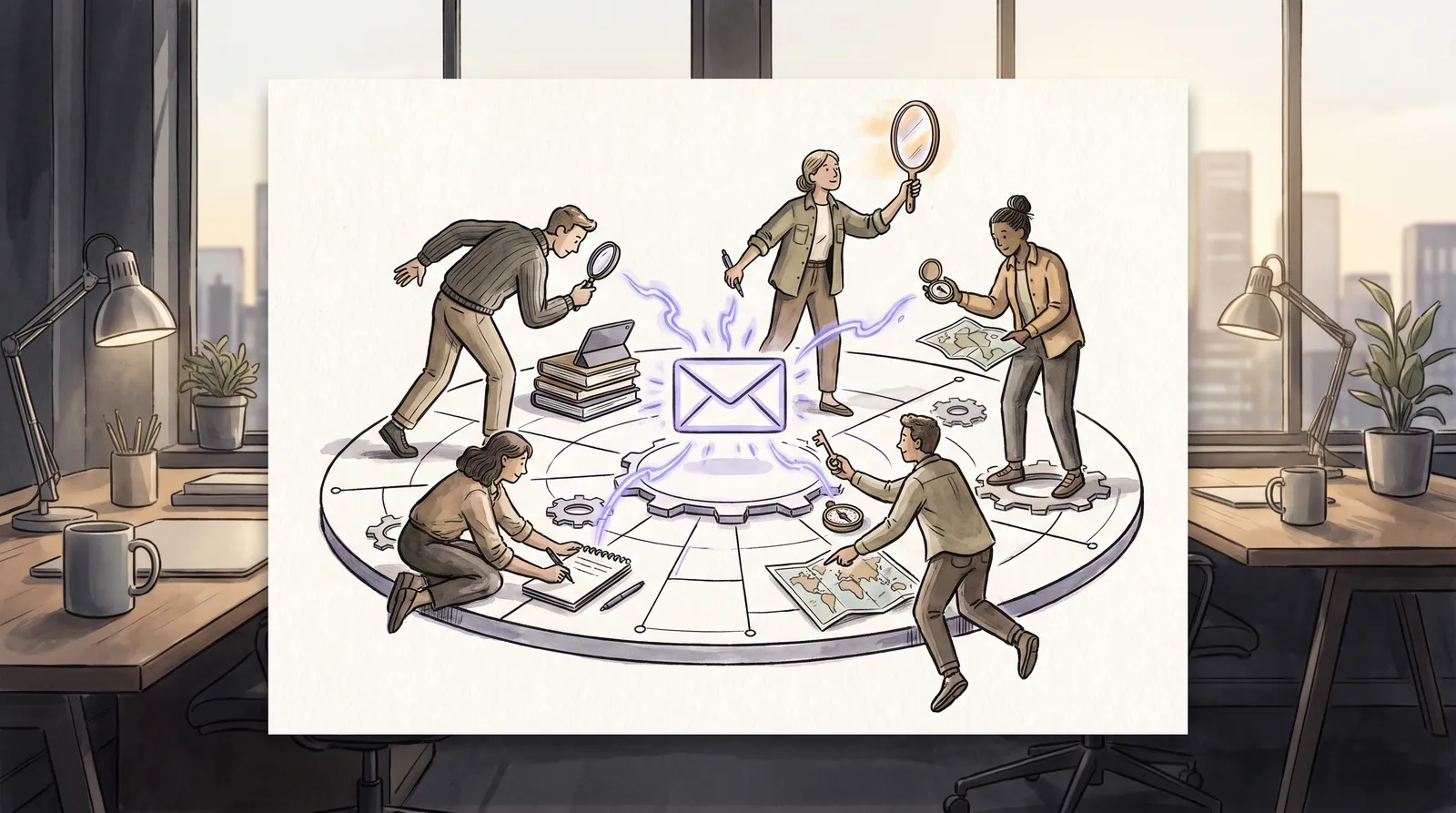 Five stylized characters around a glowing envelope representing AI agents for cold email personalization
