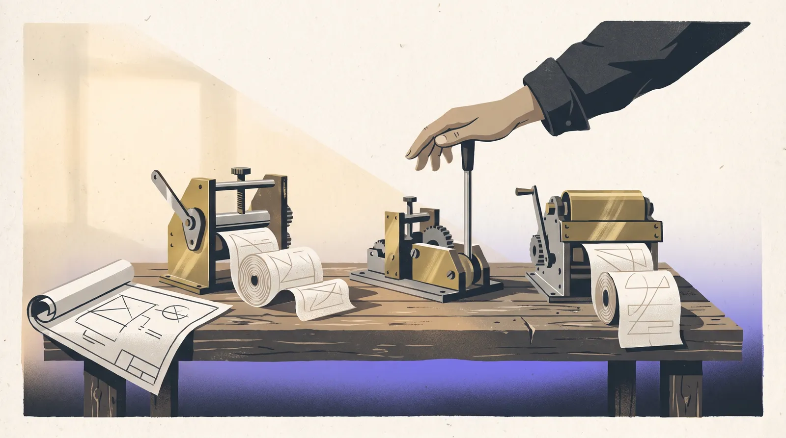 A workshop bench where three small machines are being assembled, with one human hand resting on a lever above them