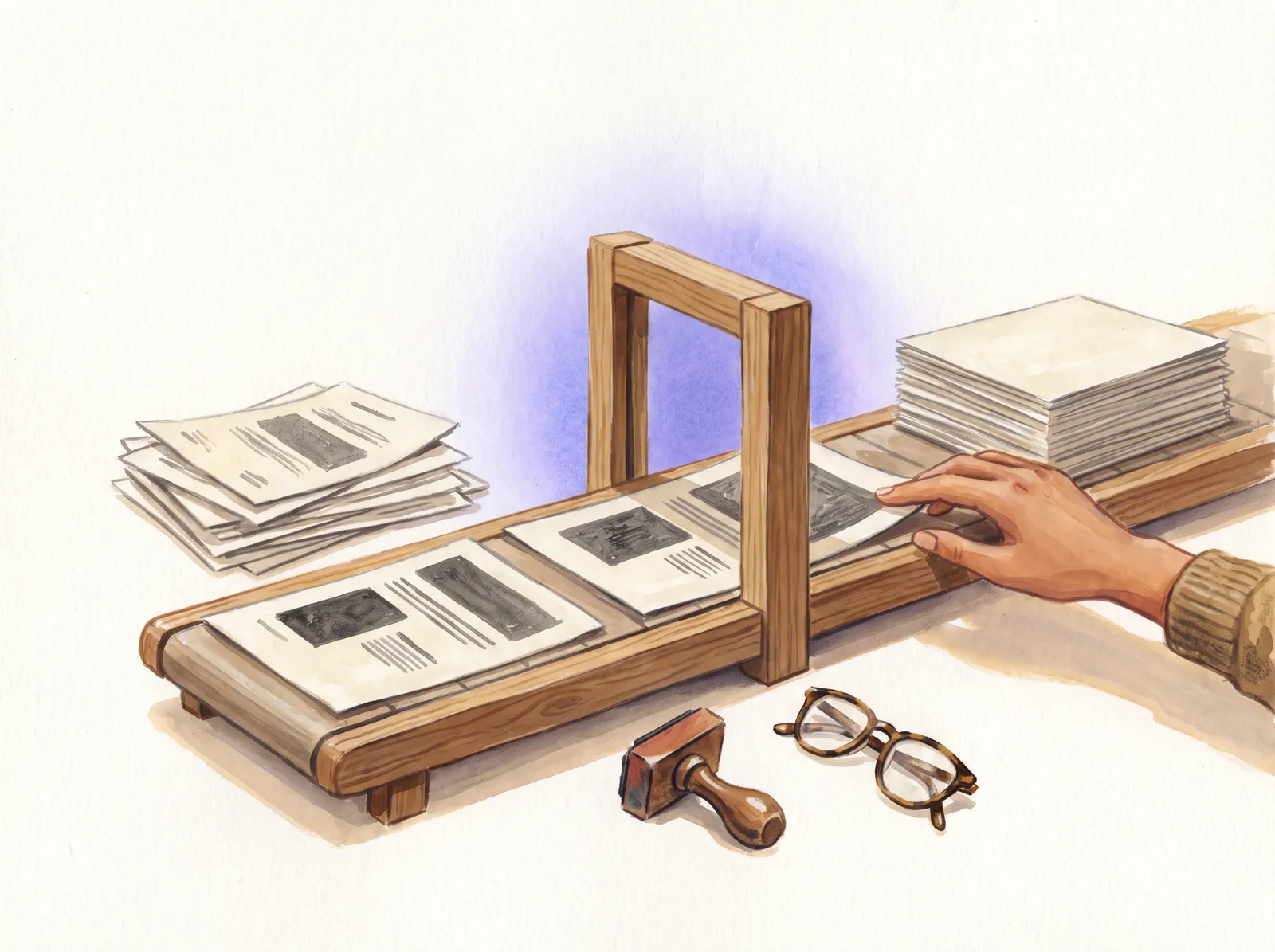 Una cinta de papel pasando por una puerta abierta, con un sello y unas gafas al lado