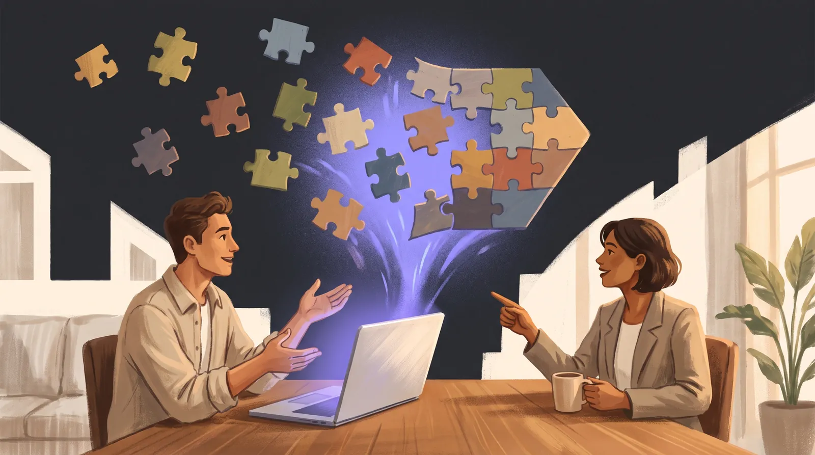 Illustration of 17 puzzle pieces merging into one glowing unified shape, representing an AI marketing layer unifying martech