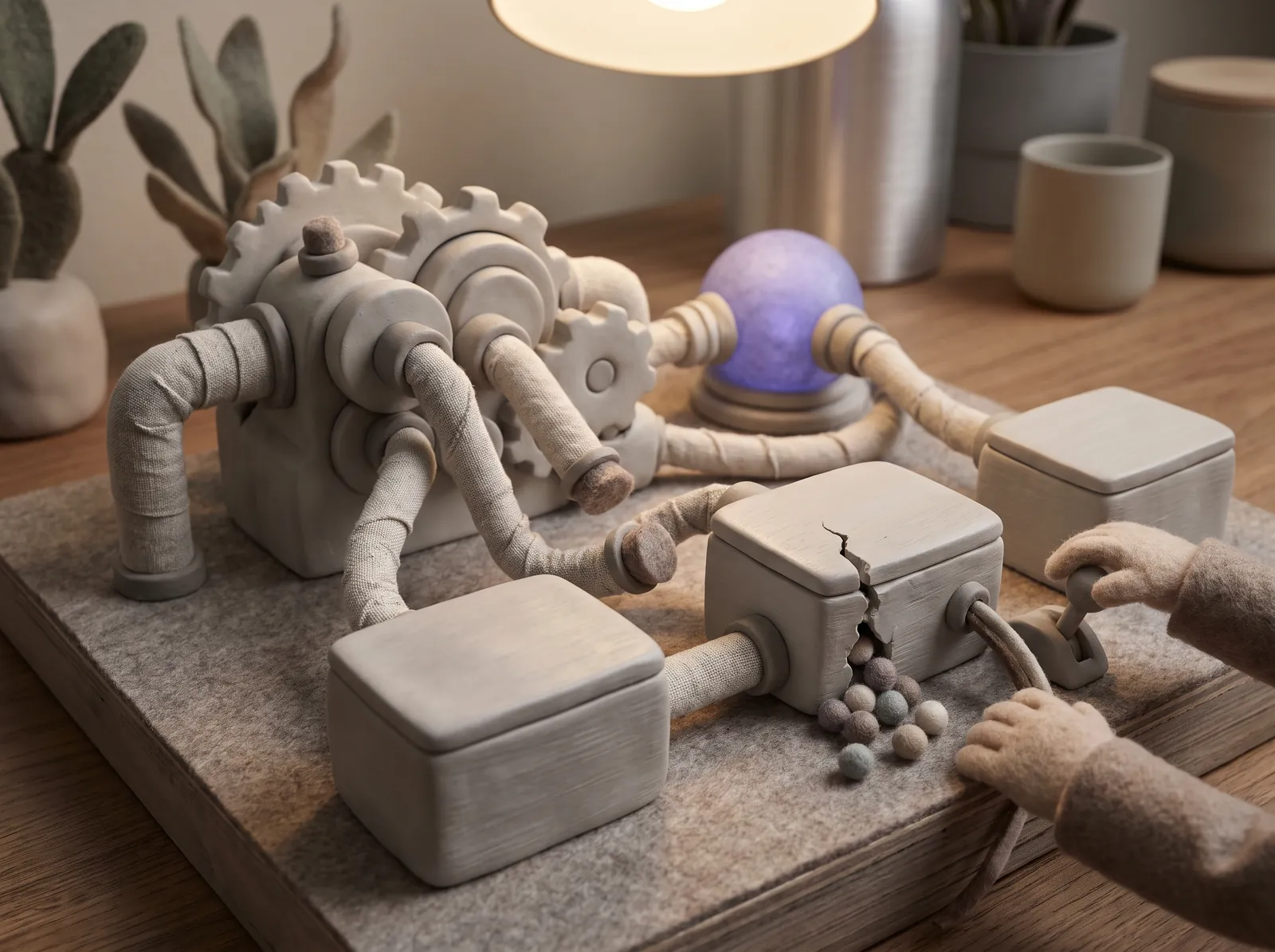 Мягкая 3D-диорама машины с разъединенными трубами и изолированными коробками, иллюстрирующая ошибки внедрения AI-слоя.