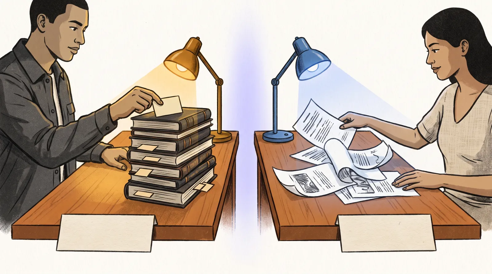 Two separate reading desks lit by different lamps, each holding a different stack of source documents
