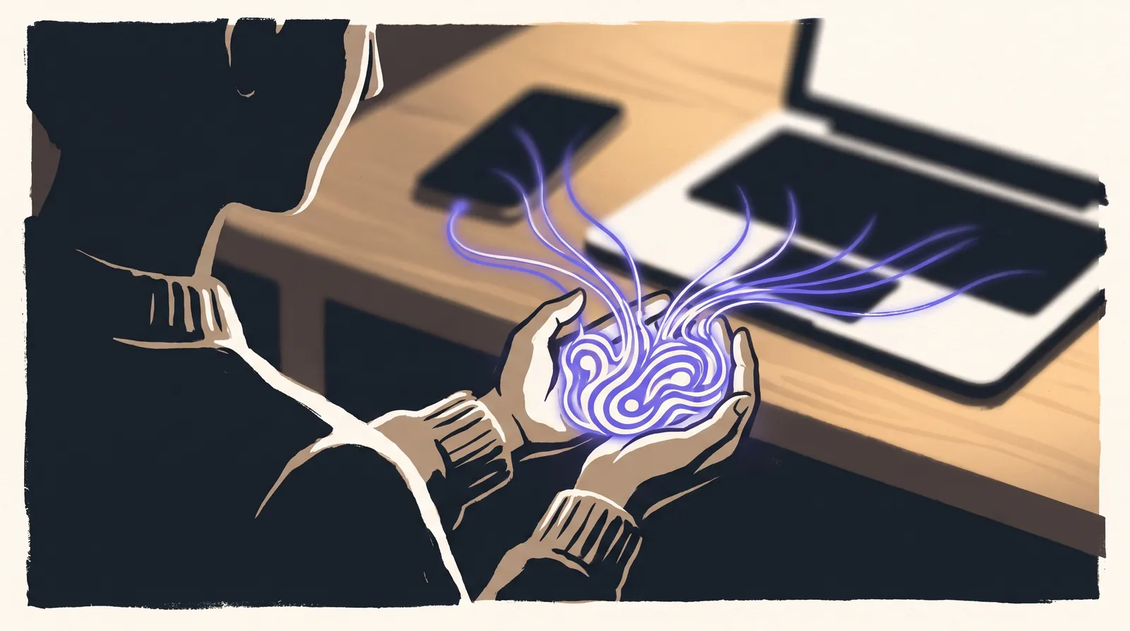 A person cradles a glowing tangle of blue data as luminous threads flow toward a laptop and phone on the desk.