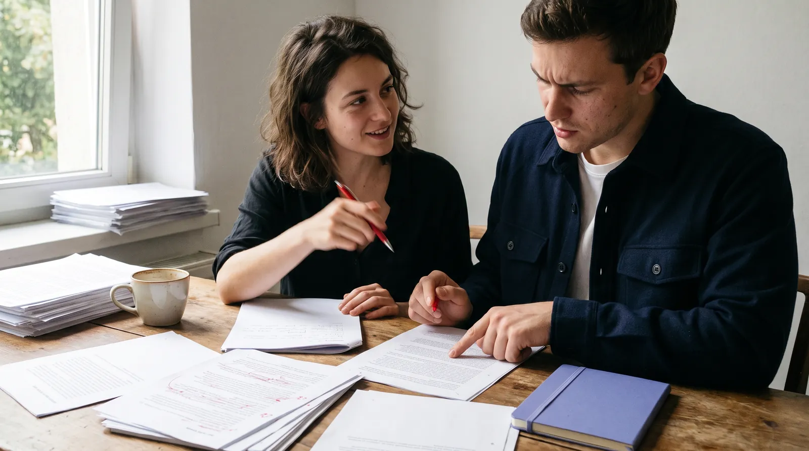 Two colleagues reviewing AI-assisted article drafts with a red pen