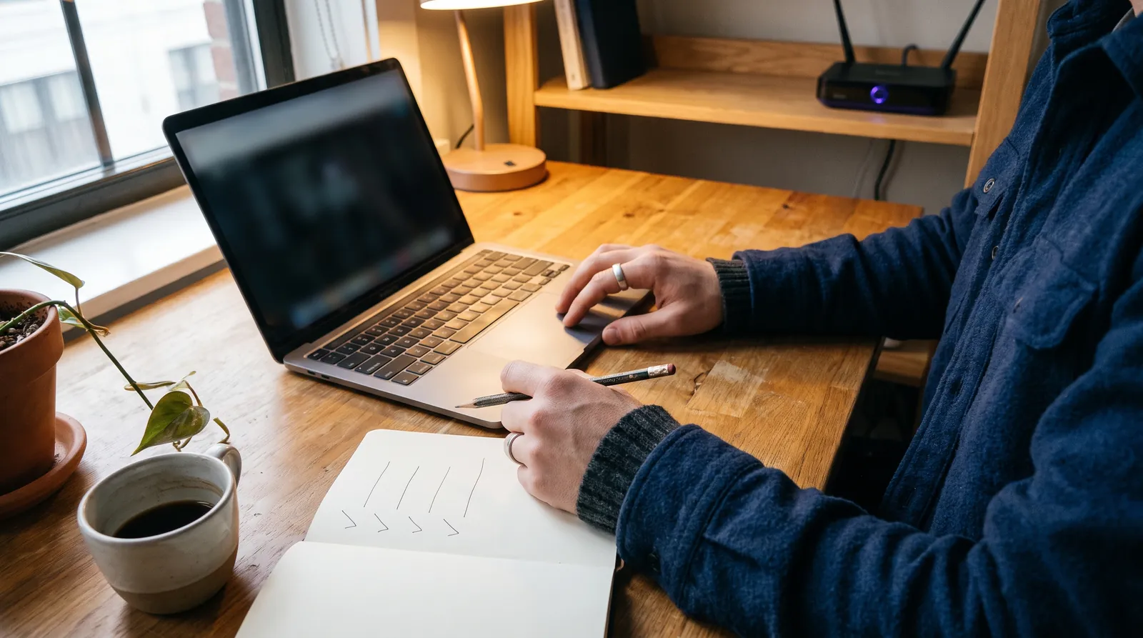 Marketer checking crawler and indexing settings on a laptop while ticking off a four step audit in a notebook