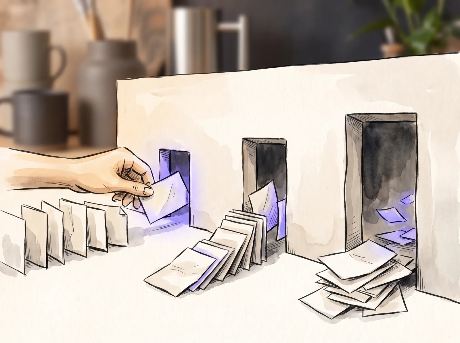 Three doorways of different widths with paper cards queued in front, only some passing through