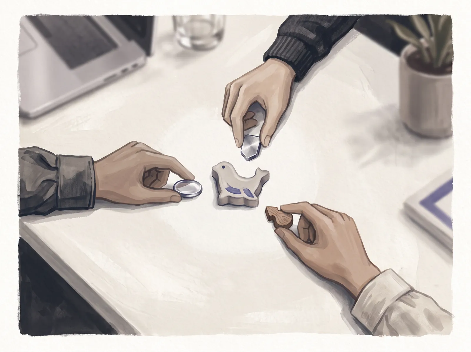 Three hands from different sides placing tokens around one central object on a table