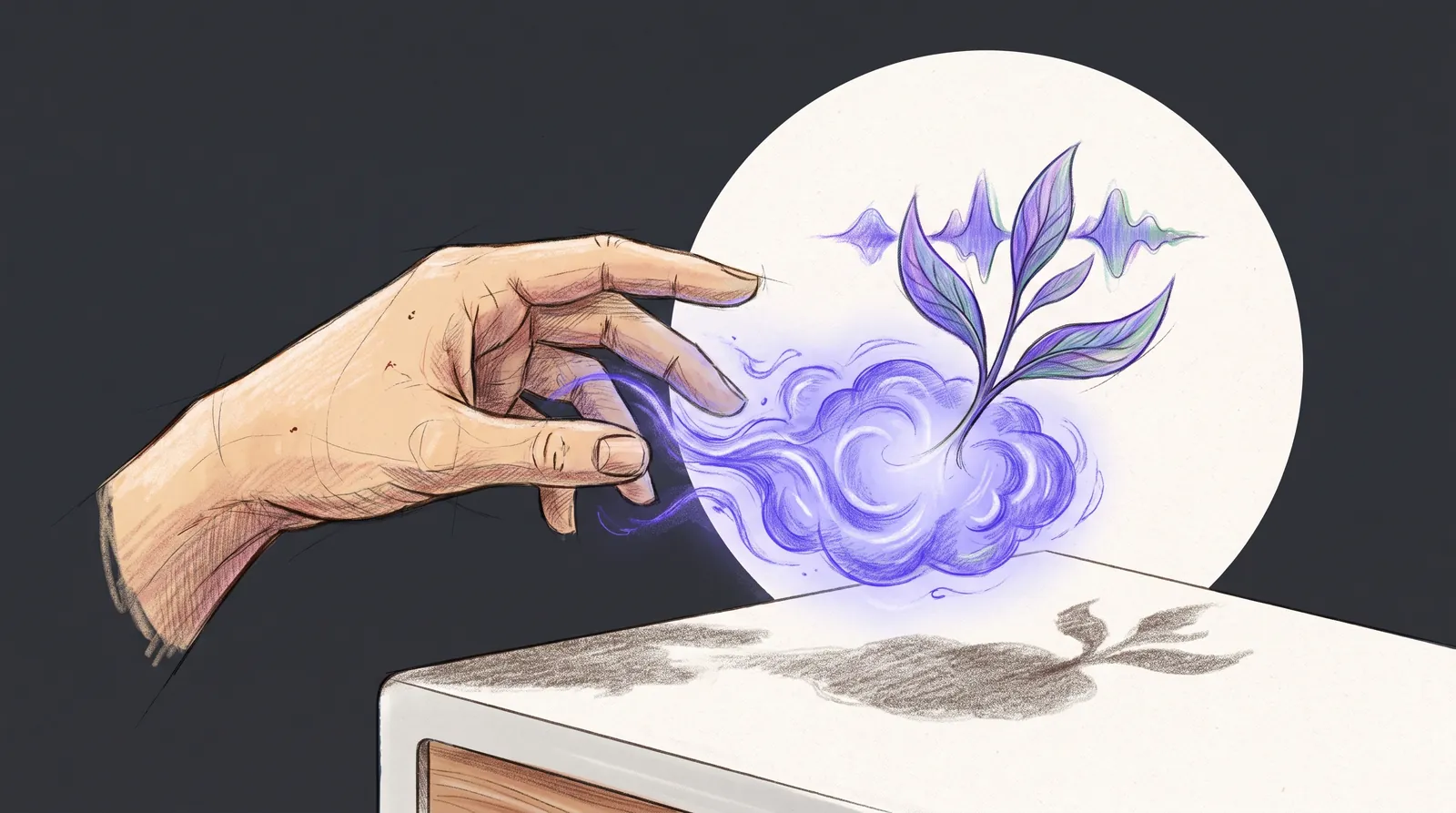 Hand reaching toward glowing cloud nurturing a plant with soundwave-shaped leaves