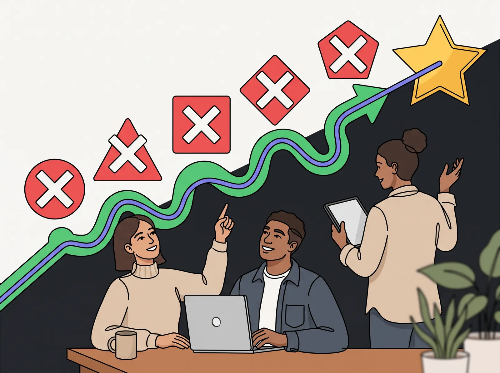 Geometrik şekillerde kırmızı X işaretleri ve onlardan bir yıldıza doğru kaçan yeşil ok