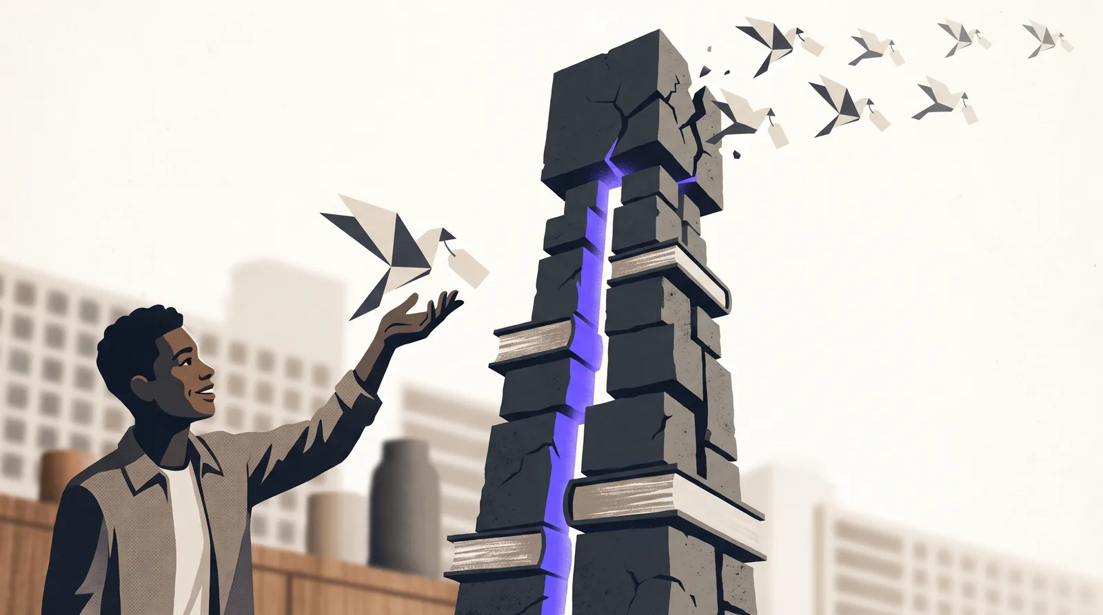 Person catching paper birds as a stack of blocks shifts into citations, symbolizing rankings to references.
