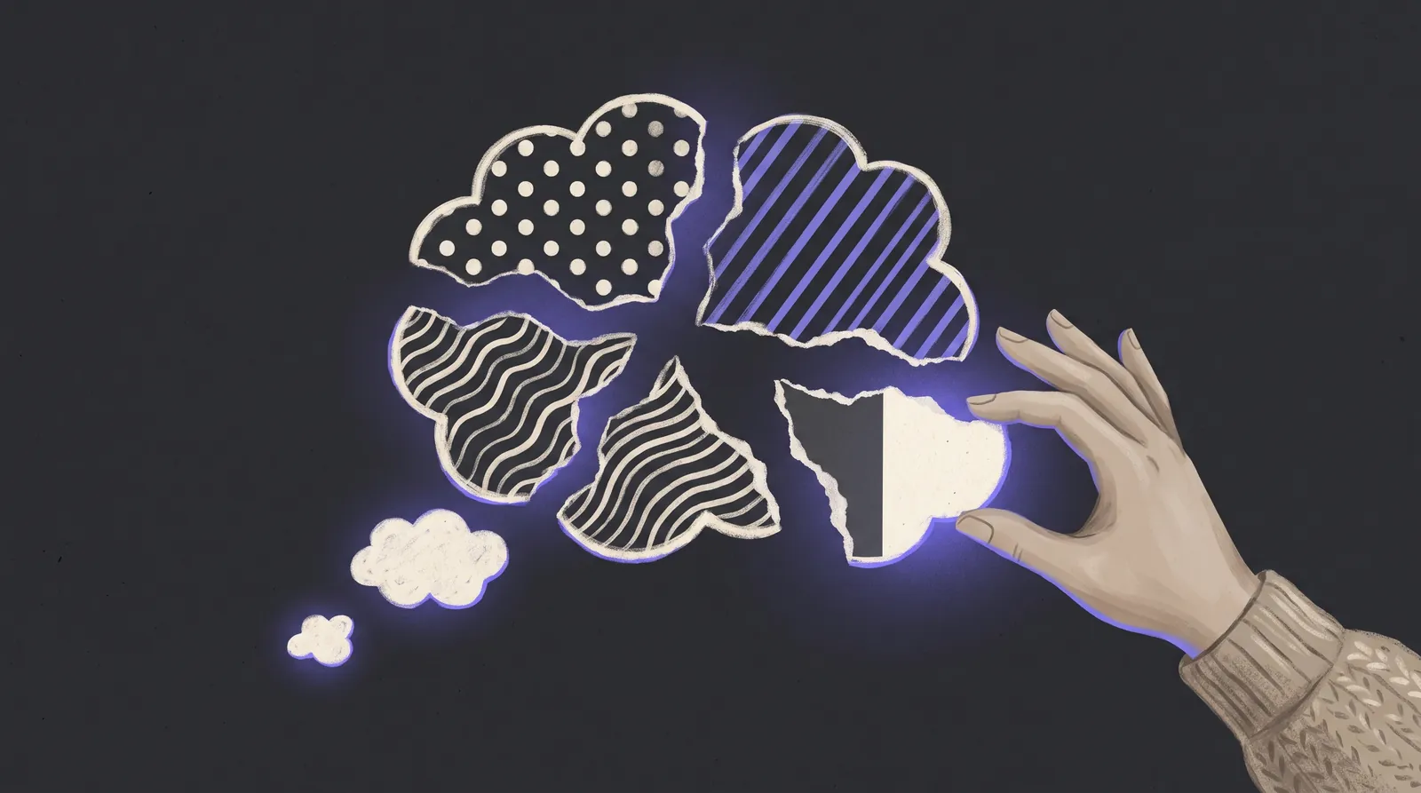One blank thought bubble splits into six textured fragments, a hand catching one