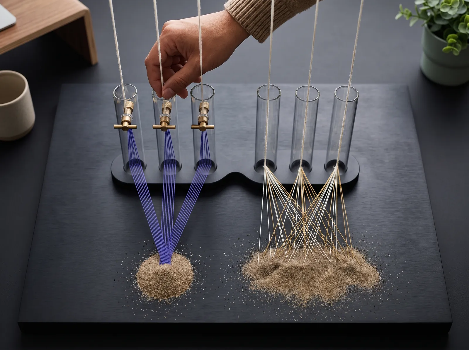 Six glass columns with particle streams; a hand turns a valve on one