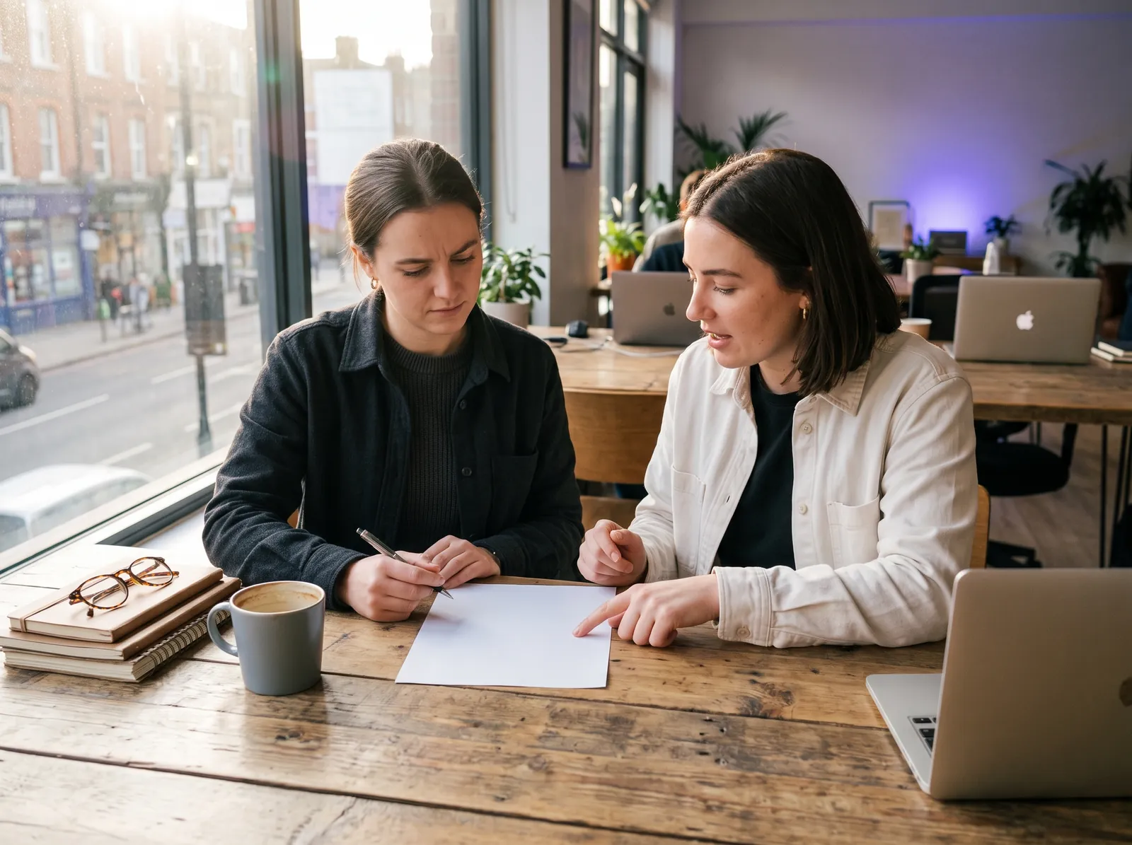 Two people at a wooden table revising a paper prompt, coffee and notebooks nearby